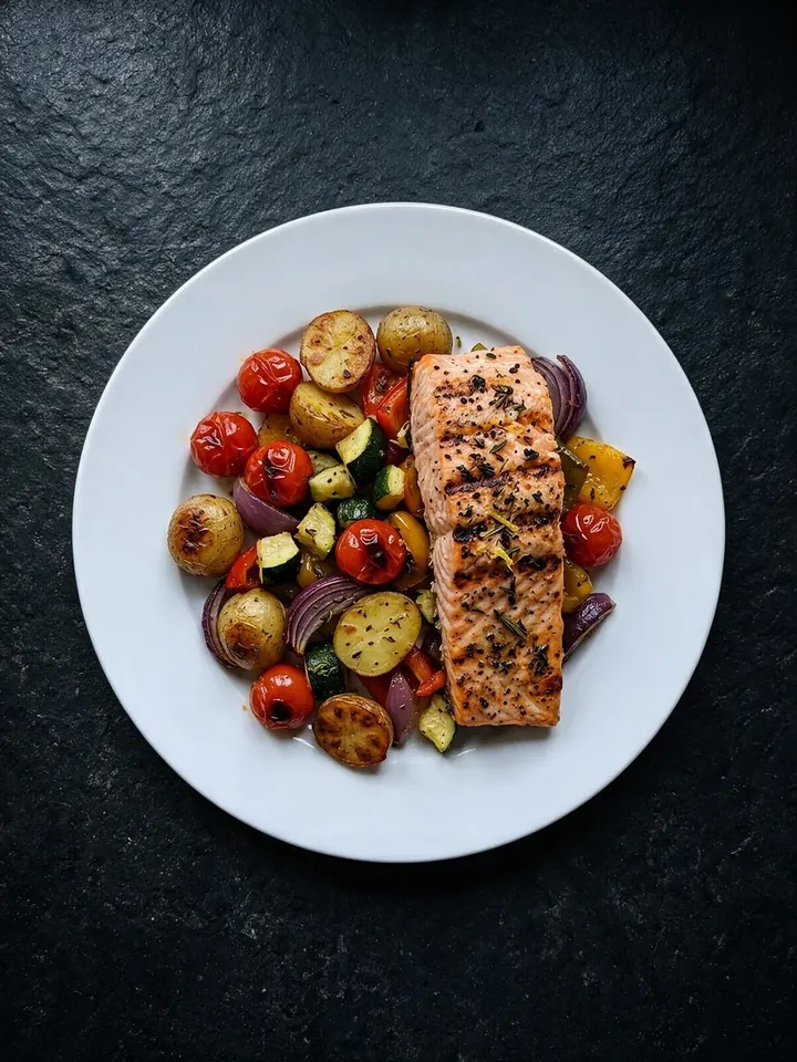 Salmón sintético con verduras sobre piedra oscura